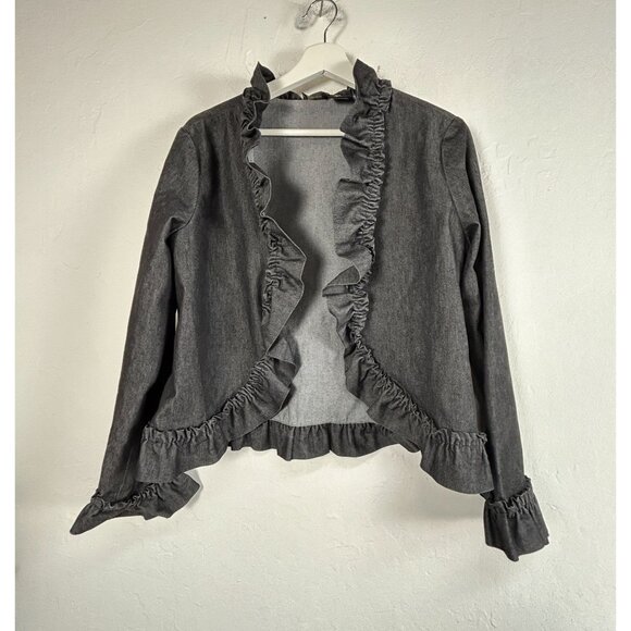 Nicole By Nicole Miller Womens Gray Ruffle Jacket Size 12 Stretch Open Front - Picture 1 of 7